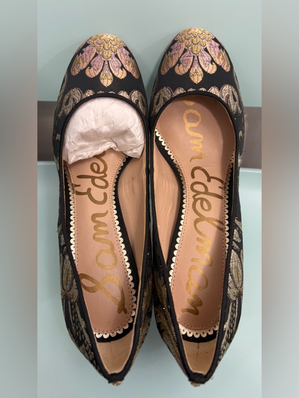Sam Edelman Black Brocade Flats with Pink and Gold Embroidery